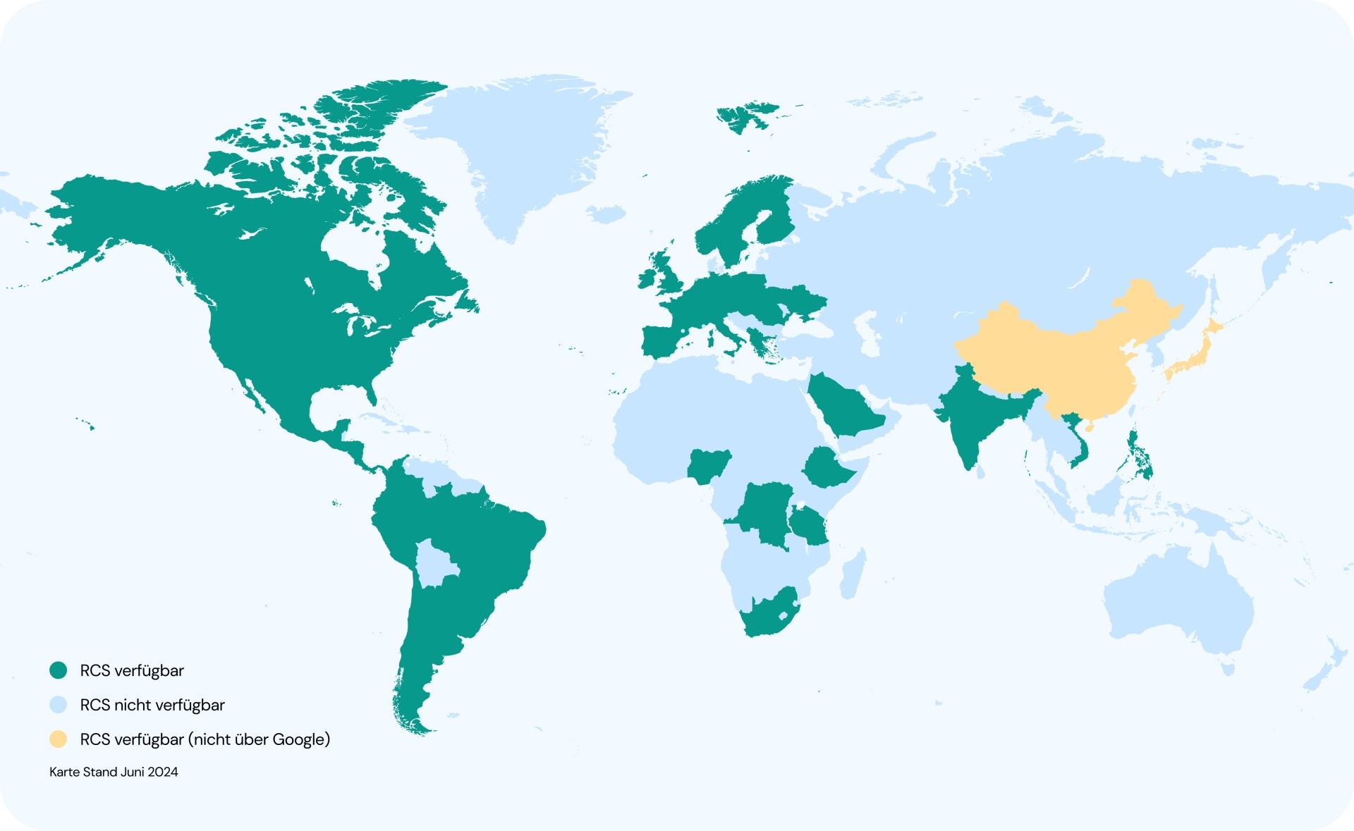 Karte mit Ländern, in denen RCS-Nachrichten verfügbar sind