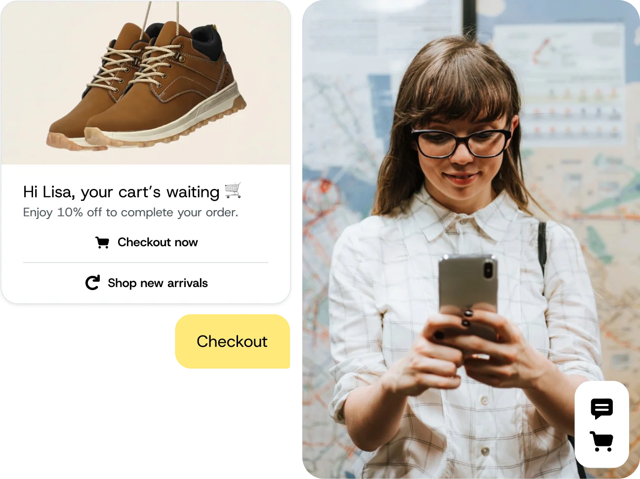 illustration of girl on mobile phone with thumbs up and card icon