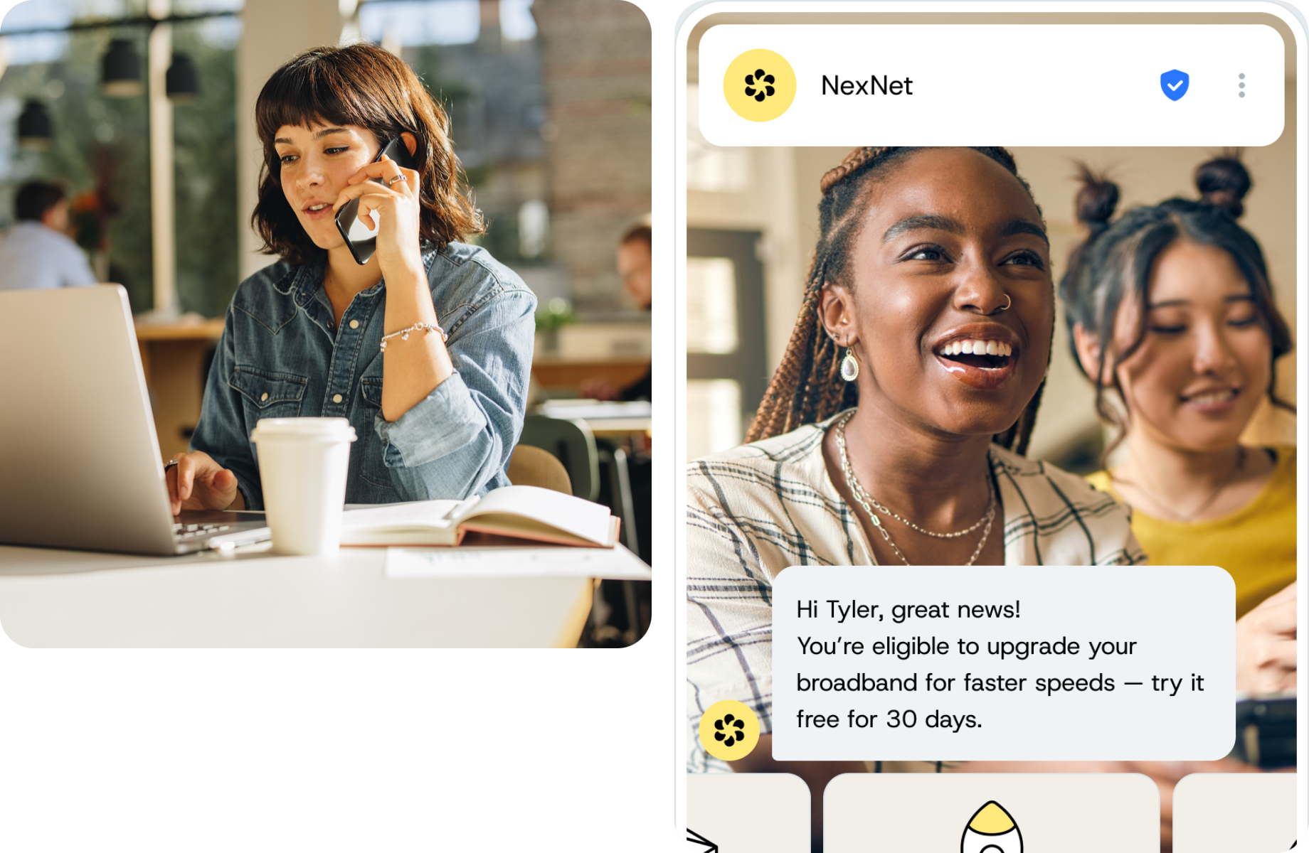 illustration of girl on mobile phone with thumbs up and card icon
