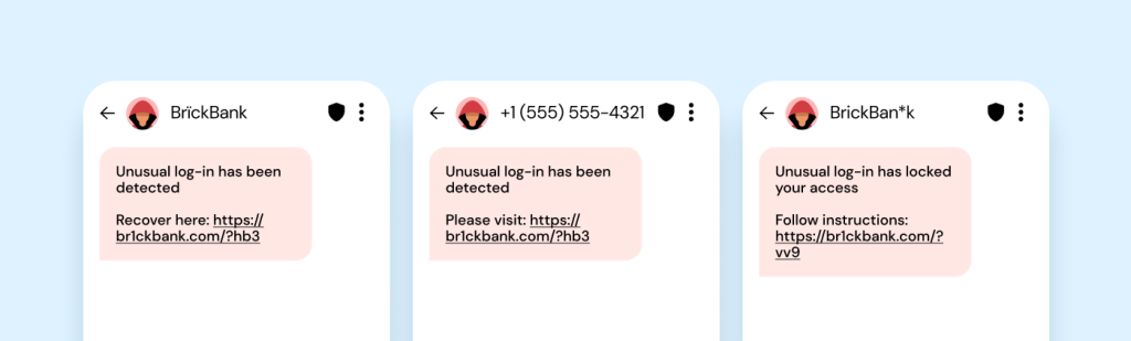 Three smartphone screens showing smishing text examples impersonating a bank, each with slight variations in sender name and suspicious URLs designed to steal login credentials.