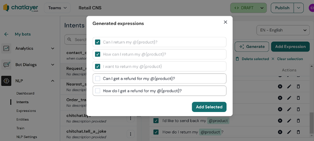 Expression generation example in generative AI tool at Sinch 