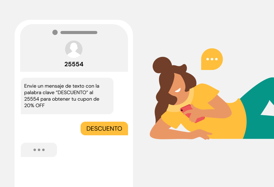 La ilustración muestra a una persona acostada mirando su teléfono celular mientras lee un mensaje SMS enviado por código corto.