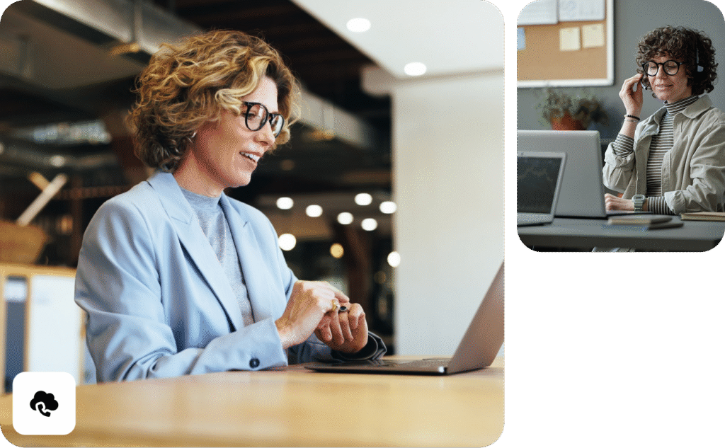 Images of three people on different devices with device and cloud icons