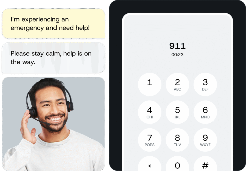 Illustration of mobile phone with 911 call and service agent