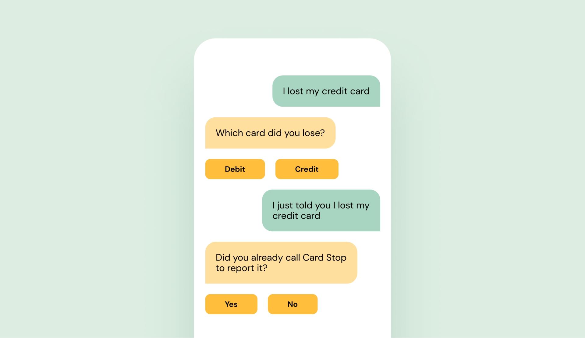 Image showing a phone screen conversation about losing a credit card