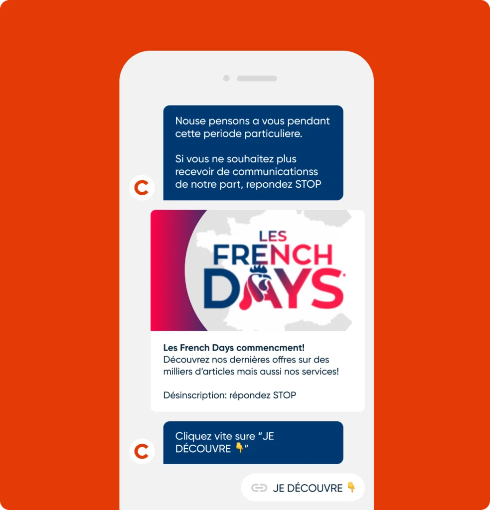 CDiscount’s retail RCS message example that encouraged subscribers to complete their purchases.