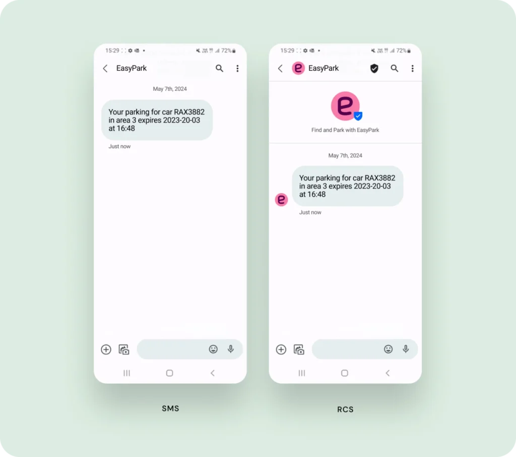 EasyPark's RCS message example next to SMS example