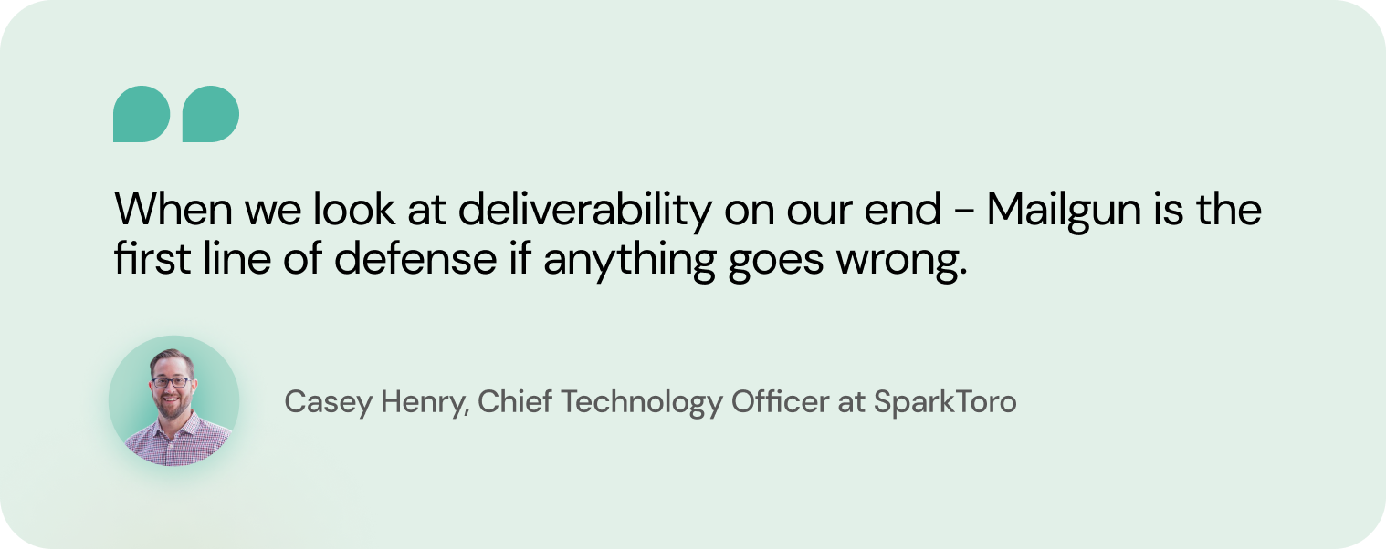 Quote from Casey Henry, CTO from SparkToro: When we look at the deliverability on our end - Mailgun is the first line of defense if anything goes wrong,.