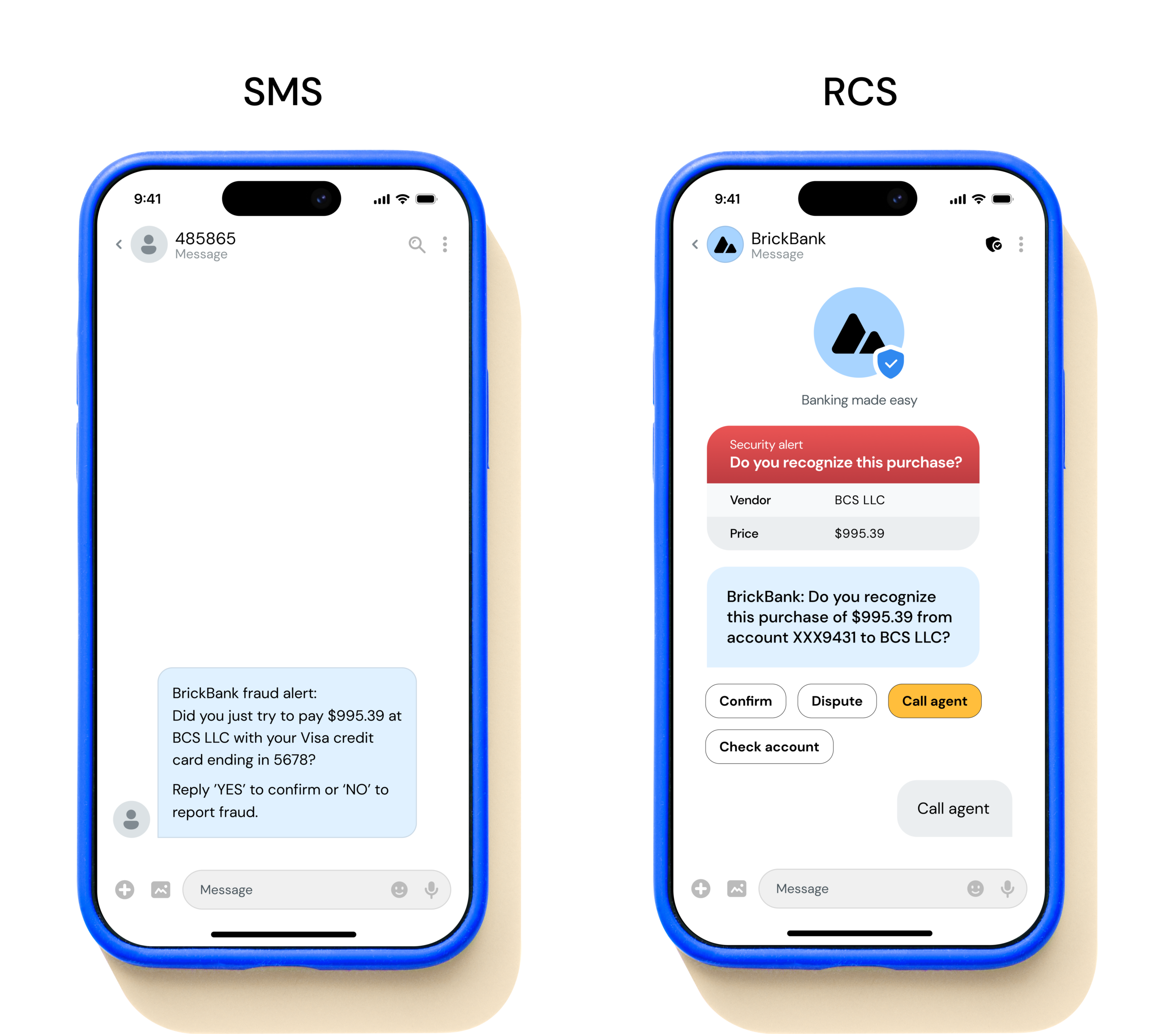 Comparison of a plain text SMS fraud alert and a branded RCS message with a logo, verified badge, and interactive buttons