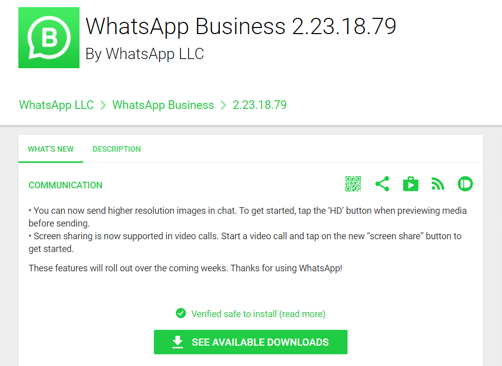 Informationen alte WhatsApp Version APK Mirror