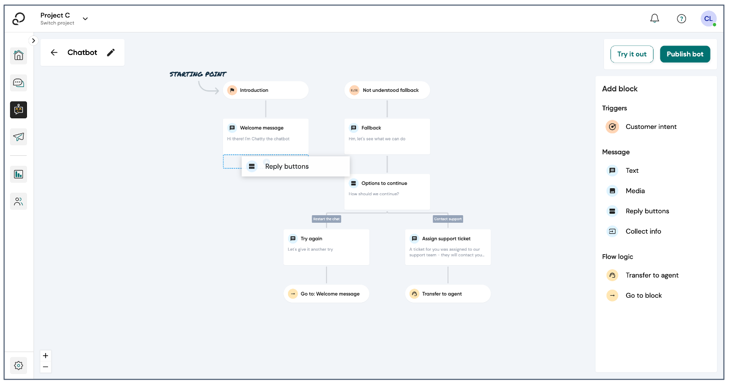 Add blocks to chatbot Sinch Engage