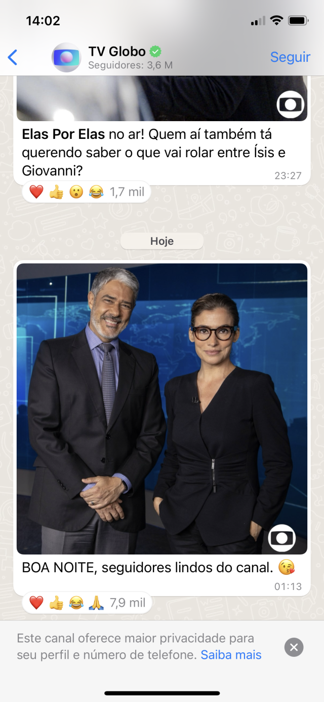 Canal do WhatsApp da TV Globo