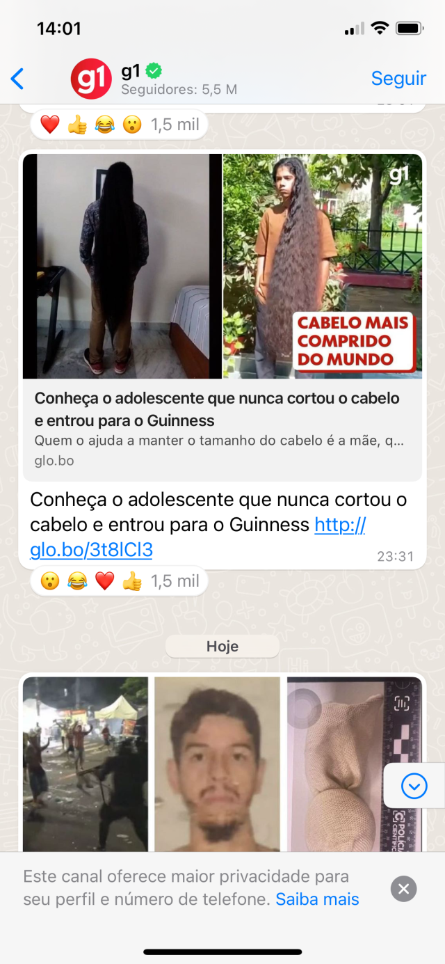 Canal do WhatsApp do g1