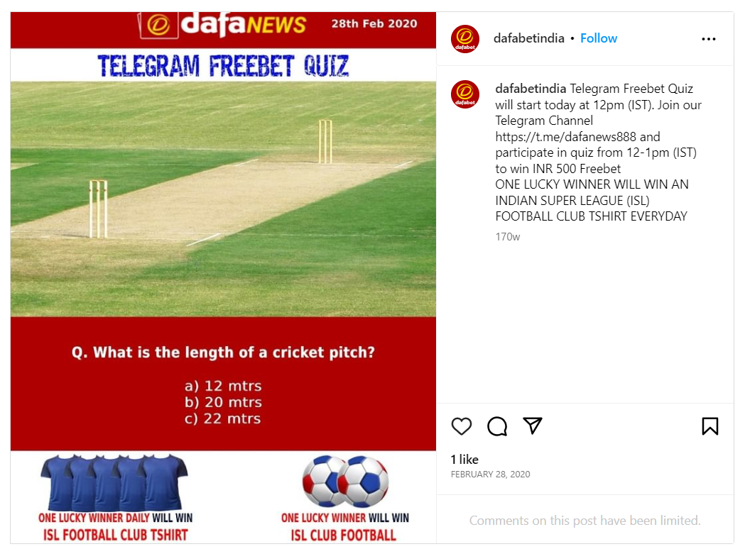 Dafabet Instagram promoting Telegram broadcast