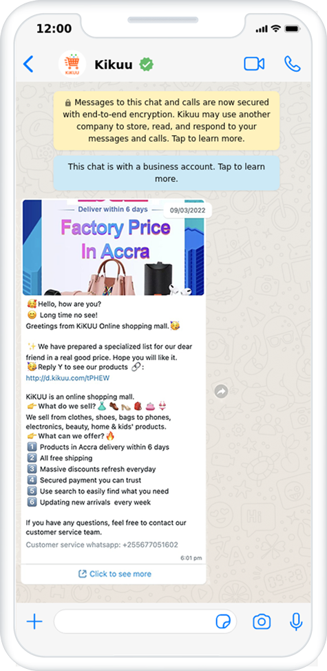 Kikuu marketing message WhatsApp