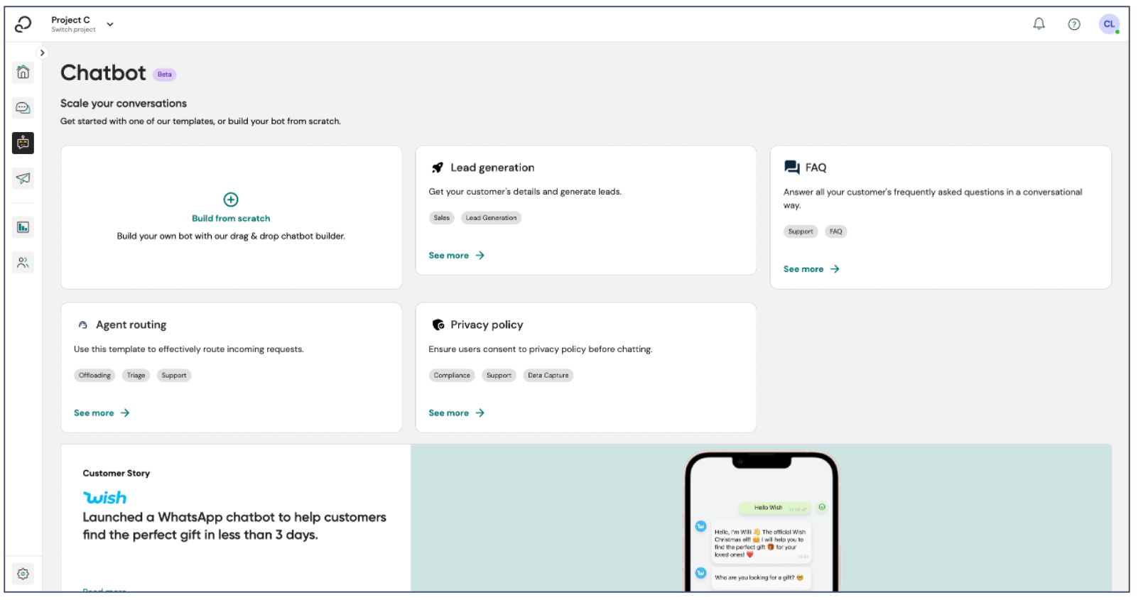 Sinch Engage home page overview chatbot