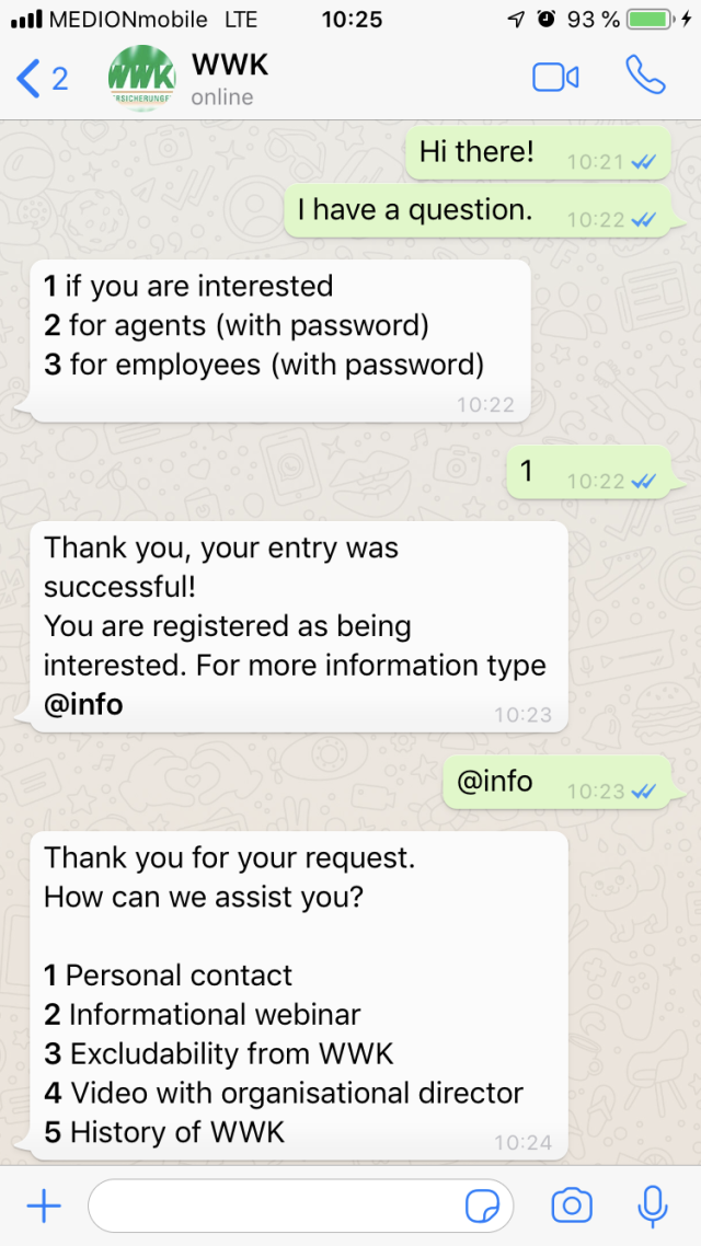 WWK insurance WhatsApp chatbot EN