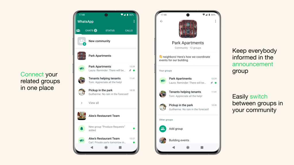 Screenshots showing WhatsApp communities