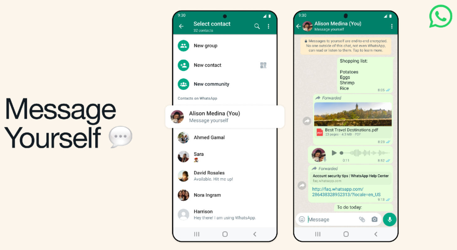 Graphic showing how to message yourself on WhatsApp