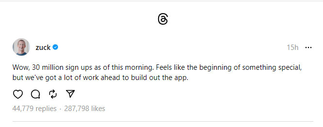 Zuckerberg threads announcement 30 million downloads