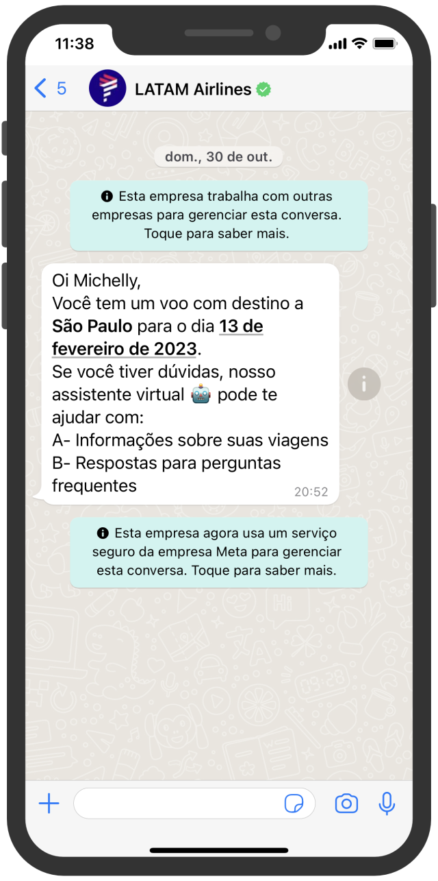 Notificação no WhatsApp da cia LATAM Airlines