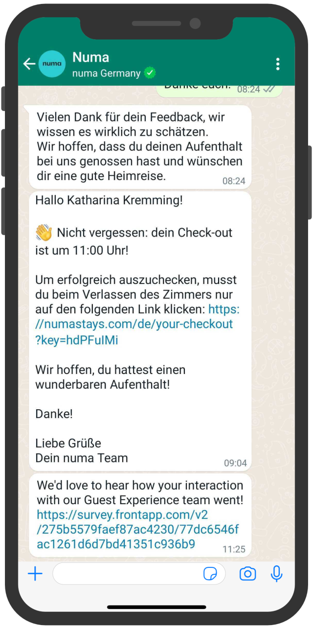 Numa Hotels Kundenfeedback WhatsApp
