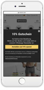 Shop Popup für WhatsApp Newsletter Anmeldung Snocks