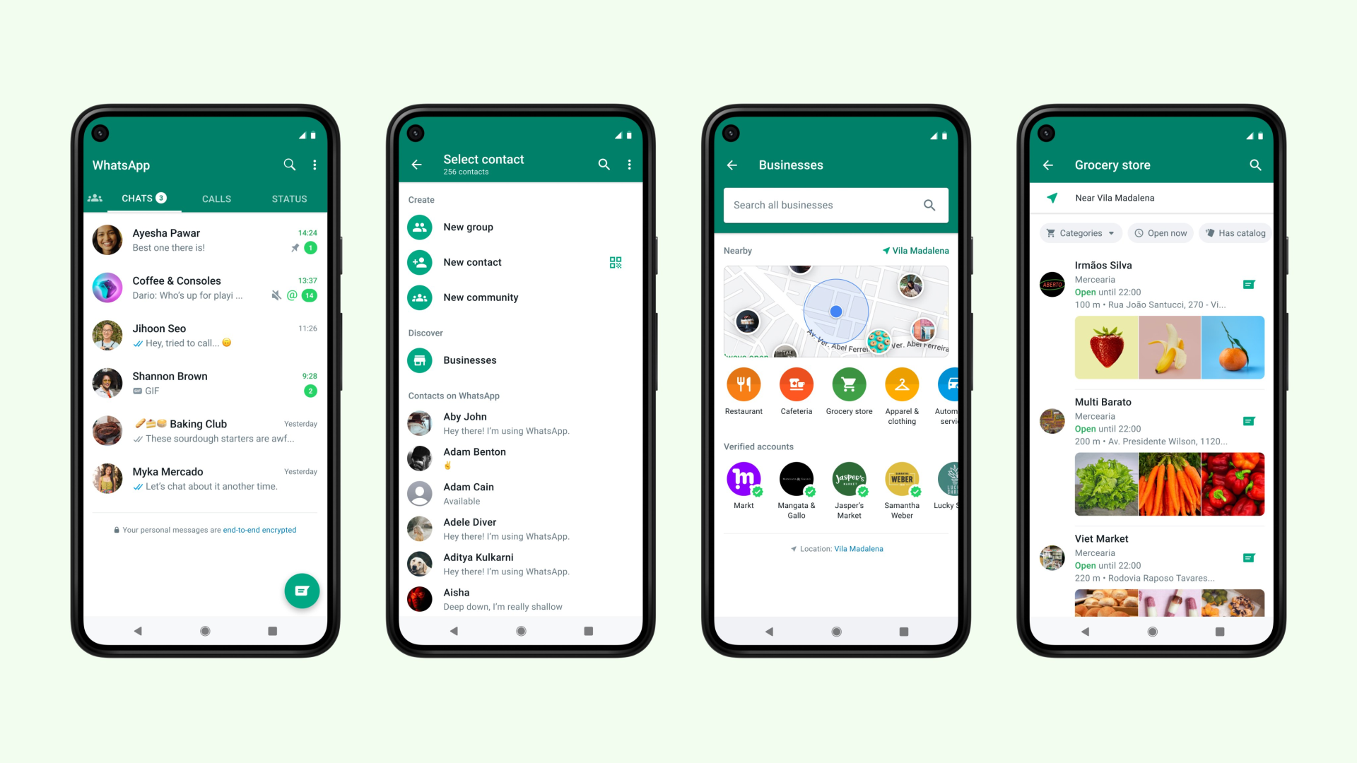 Mock-ups, die die Funktion „Brasilien in der Nähe“ für das Unternehmensverzeichnis auf WhatsApp zeigen