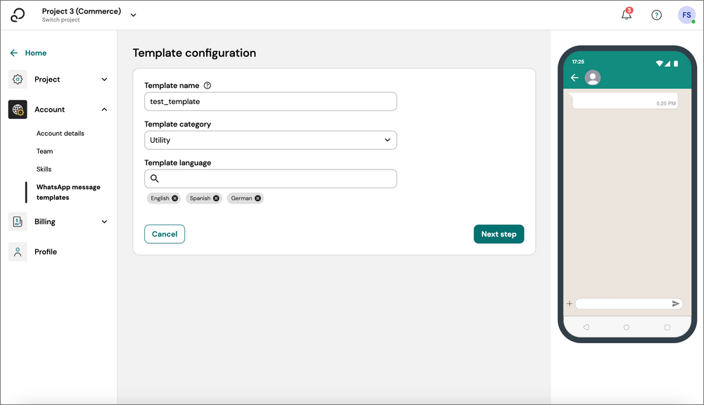 WhatsApp template fill out form