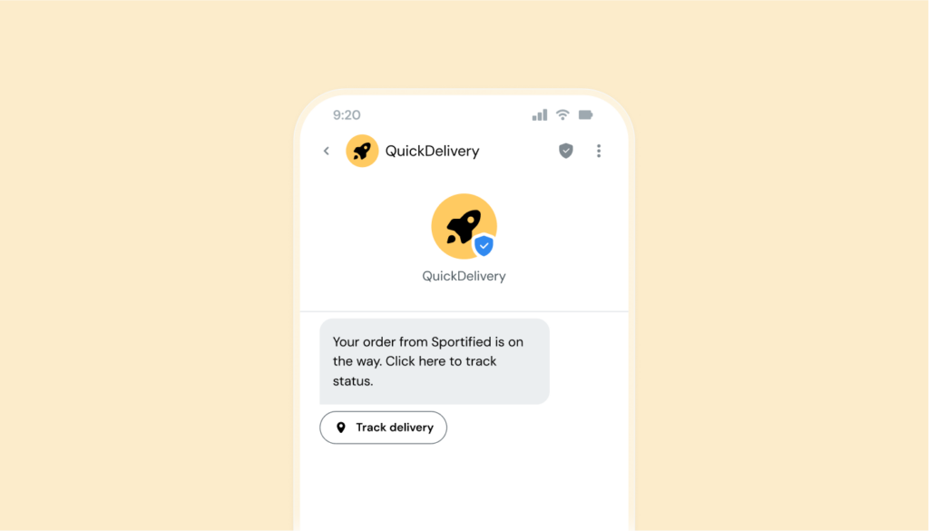 Image depicts an example of a branded RCS message with visual indicators like check marks