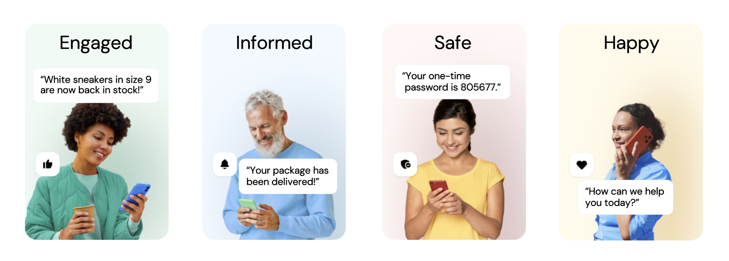 The four pillars represented visually by people using their phones to communicate with brands.