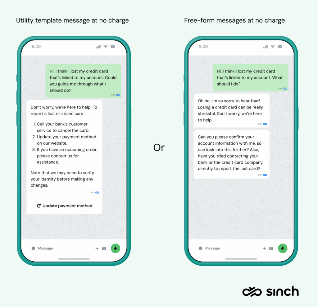 Graphic illustrating different types of service conversations between users and businesses on WhatsApp.