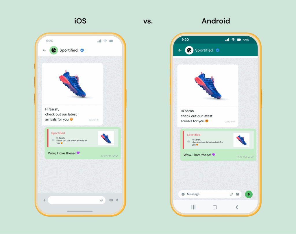 Graphic illustrating that the WhatsApp user experience and interface on iPhone and Android are very similar.