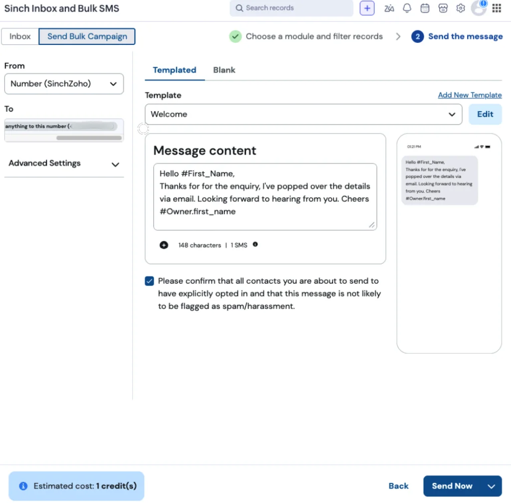 The Sinch bulk SMS campaign builder in Zoho CRM on the send-the-message step, with a templated message and cost estimate