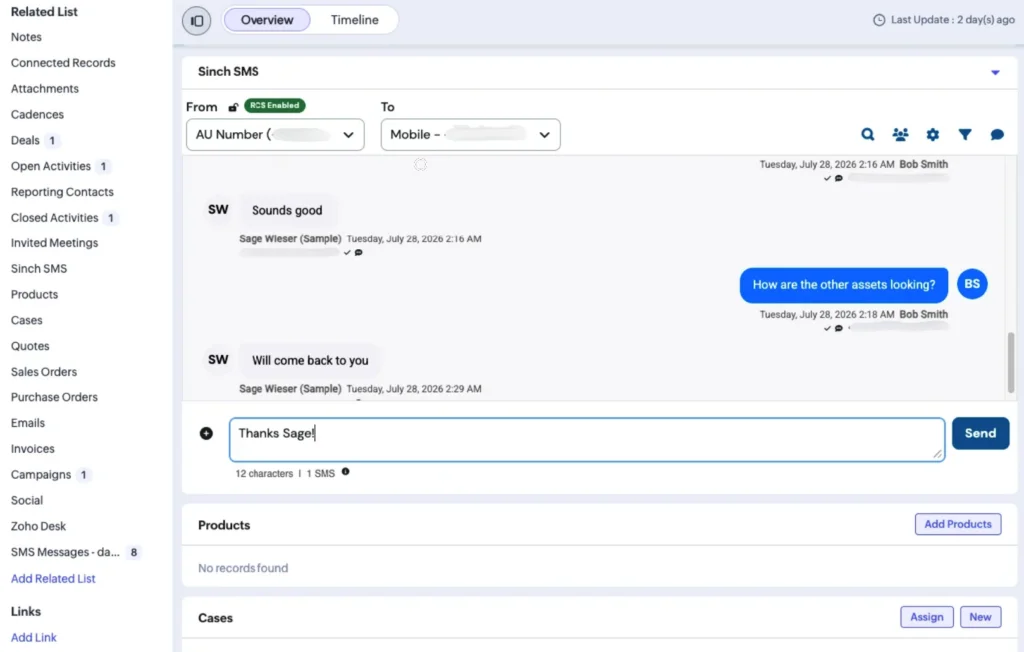 A Zoho CRM contact record with the embedded Sinch SMS panel showing a message thread and the related list sidebar