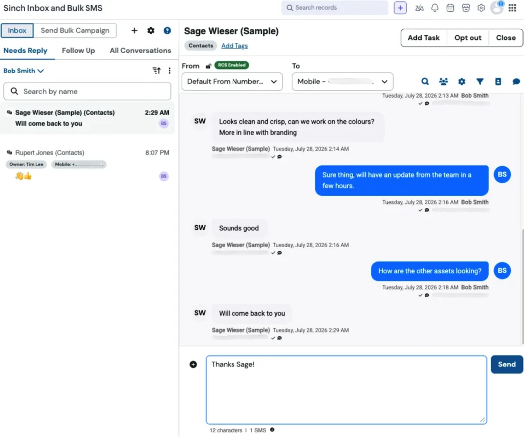 The Sinch Inbox inside Zoho CRM showing a two-way SMS conversation thread with a customer contact