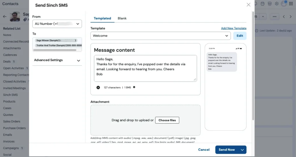 The Send Sinch SMS window in Zoho CRM showing a templated message with a live phone preview on the right
