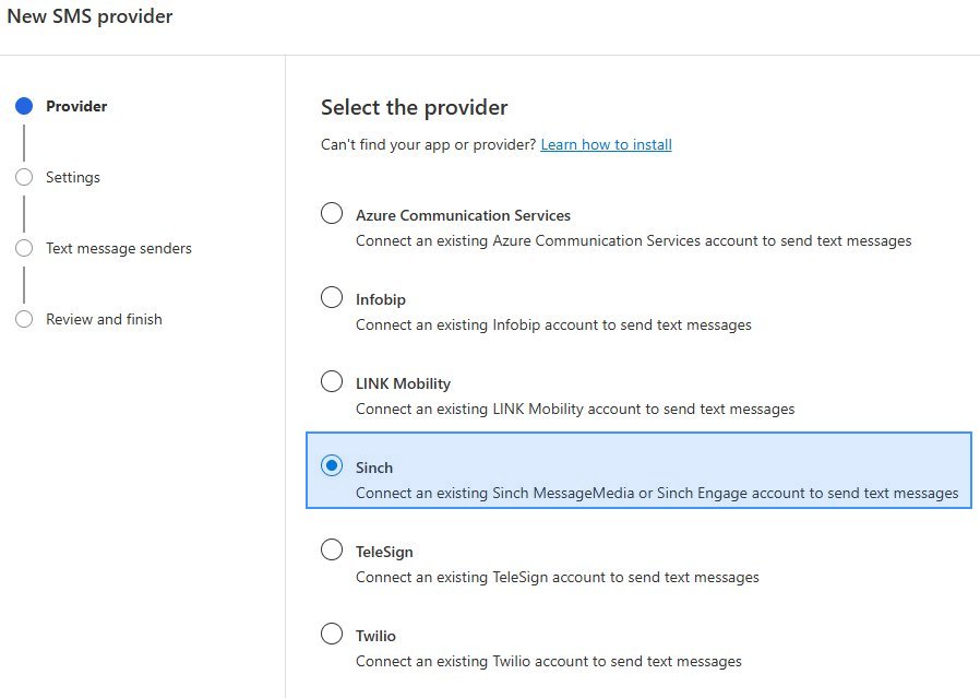 Microsoft Dynamics 365 SMS provider selection screen with Sinch selected and highlighted