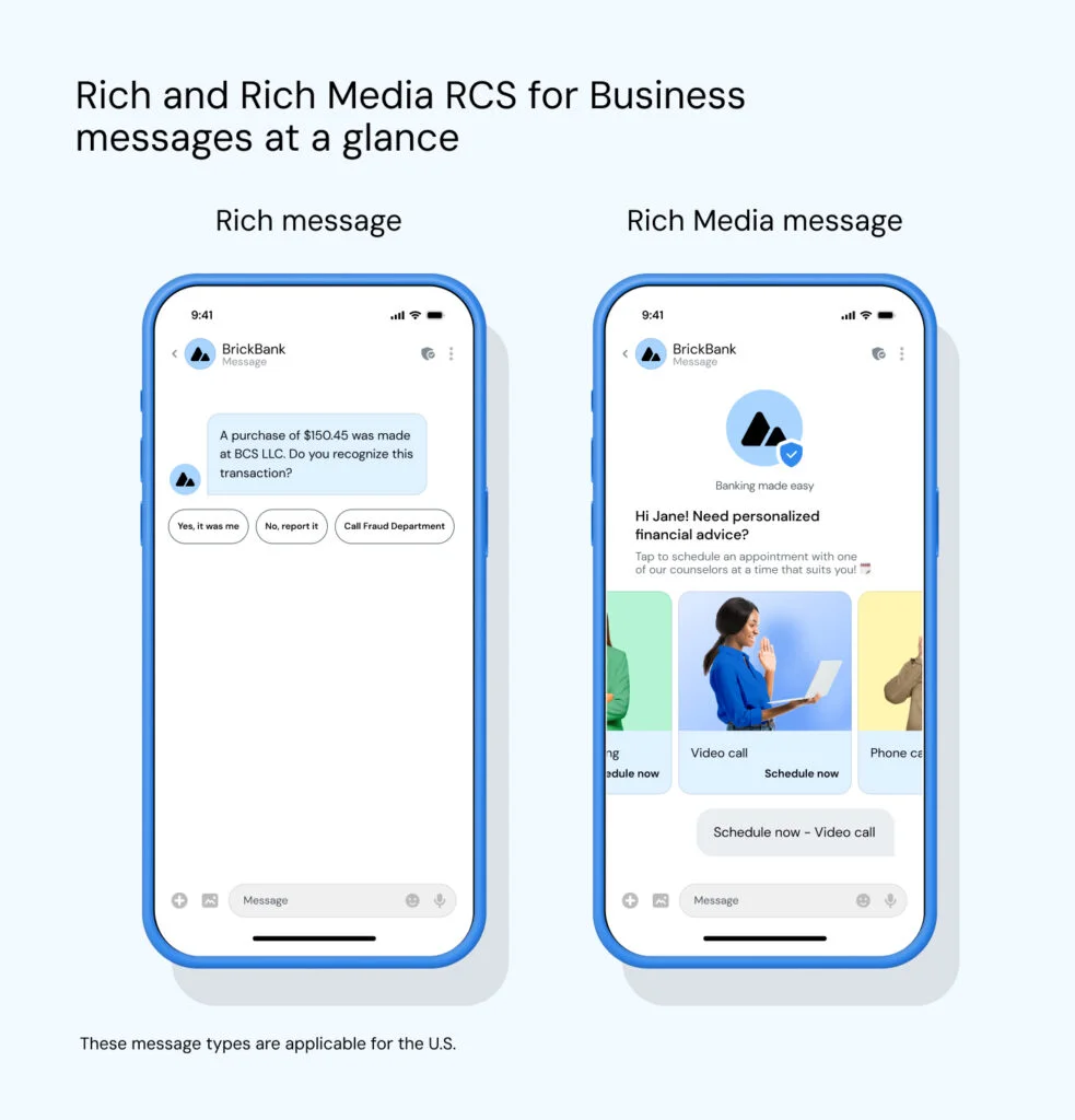 Ein Beispiel für eine Rich Message und ein Beispiel für eine Rich Media Message, wobei das Beispiel für die Rich Media RCS Message reichhaltigere Inhalte wie Bilder und ein Karussell zeigt.