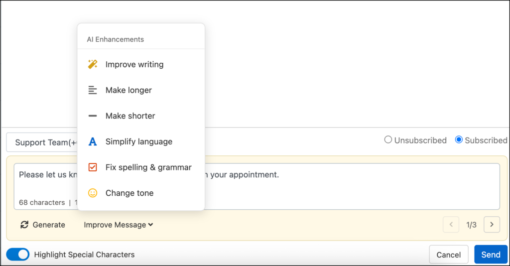 AI Enhancements dropdown menu open in the Sinch Engage SMS composer, showing options including Improve writing, Make longer, Make shorter, Simplify language, Fix spelling and grammar, and Change tone.