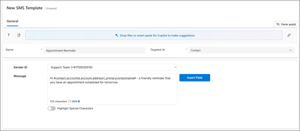 New SMS Template form in Microsoft Dynamics 365 named "Appointment Reminder," with a message body using a contact account name merge field and Sender ID set to Support Team.