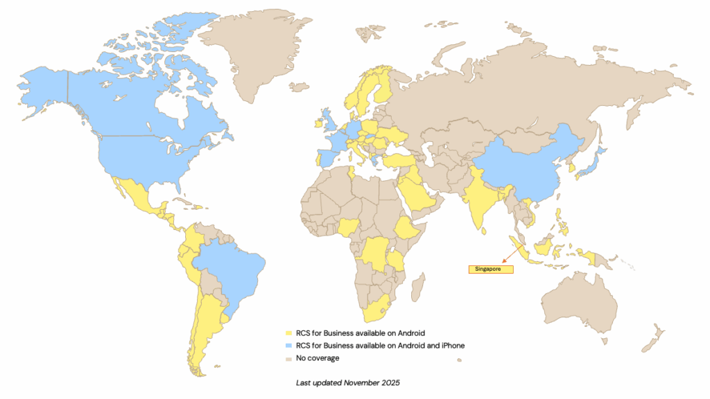 O mapa mostra a disponibilidade regional do RCS for Business com base na adesão das operadoras de telefonia.