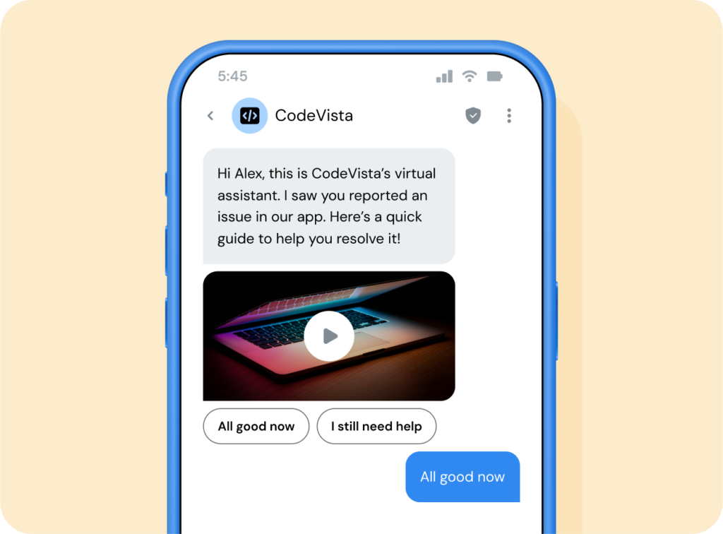 Branded, verified, and interactive RCS message from a fictional tech company.