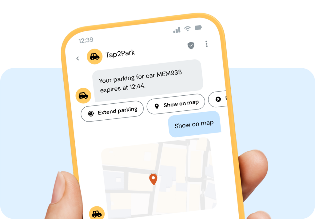 Smartphone shows interactive RCS features for a parking app.