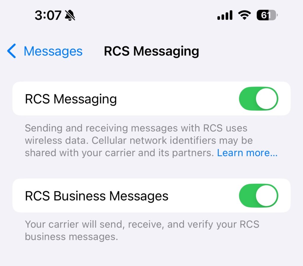 iPhone settings showing toggles for “RCS messaging” and “RCS Business Messages” enabled.