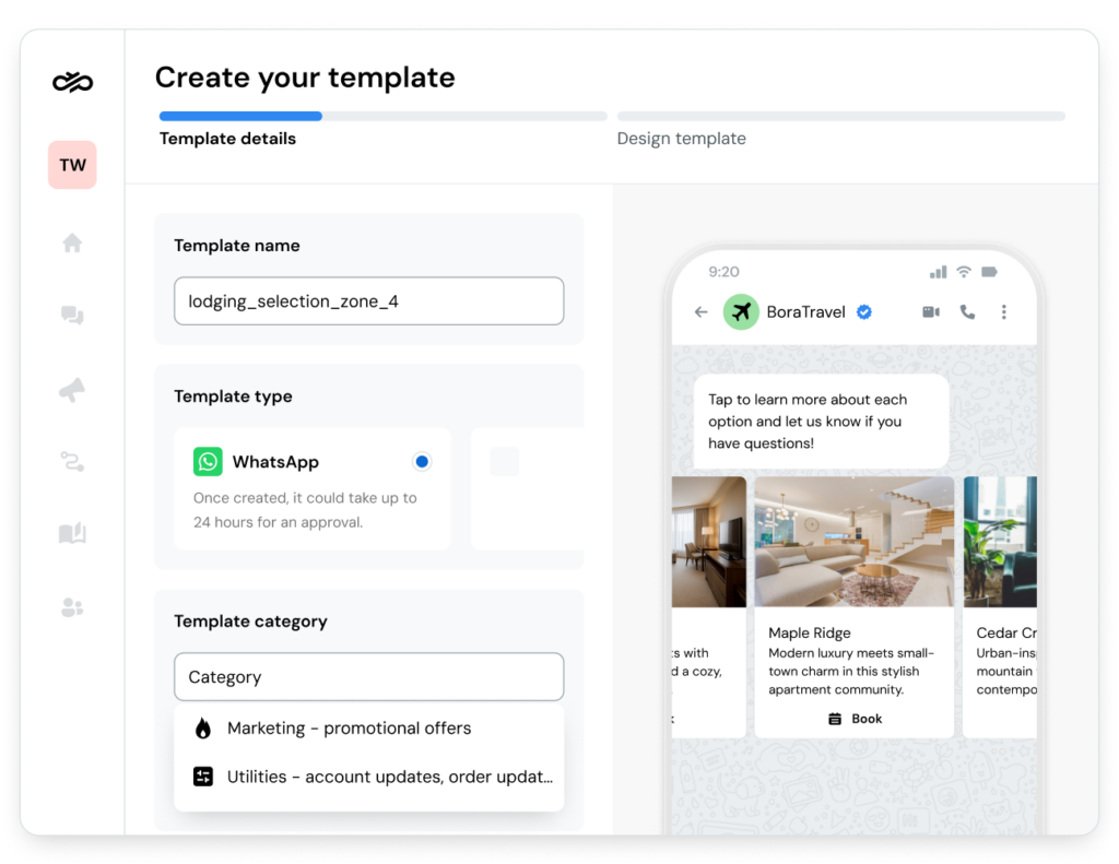 Image of the Sinch Engage dashboard showing how to create WhatsApp marketing messages.