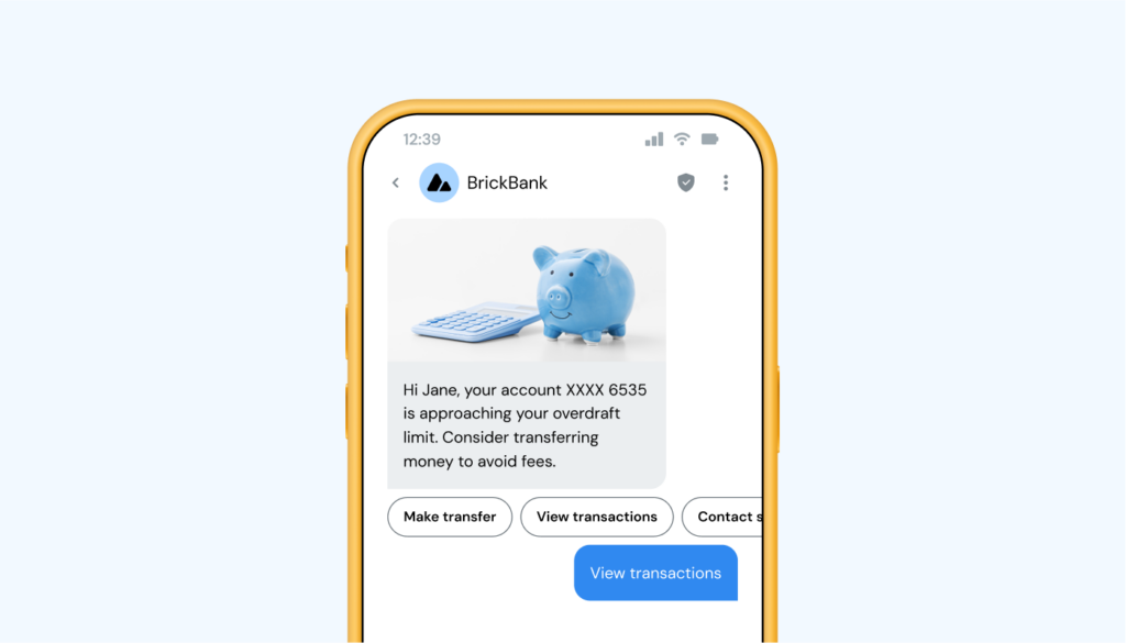 Image shows an example of a banking account update sent as an RCS message with branded, verified cues.