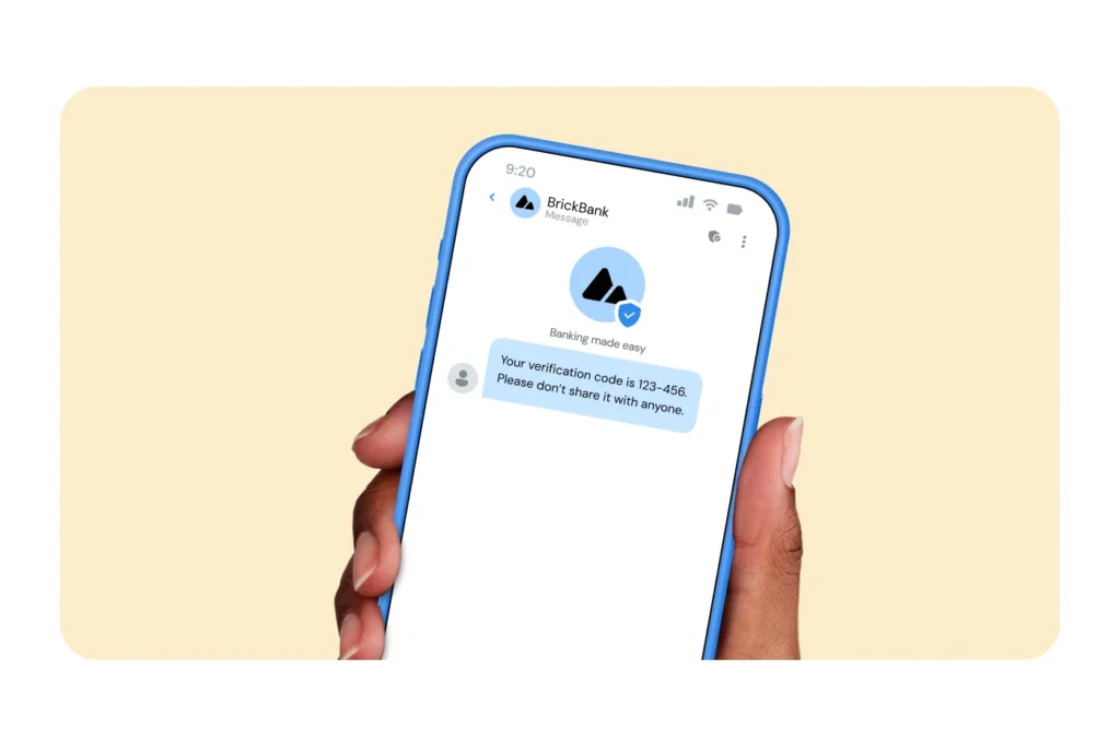 Image shows an example of an OTP sent as an RCS message with branded, verified cues.
