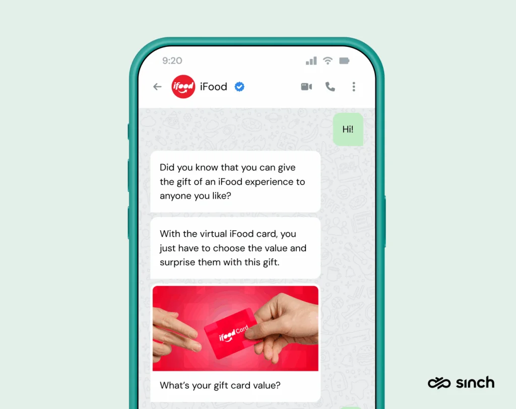 WhatsApp bot by iFood used to incentivize gift card sales.