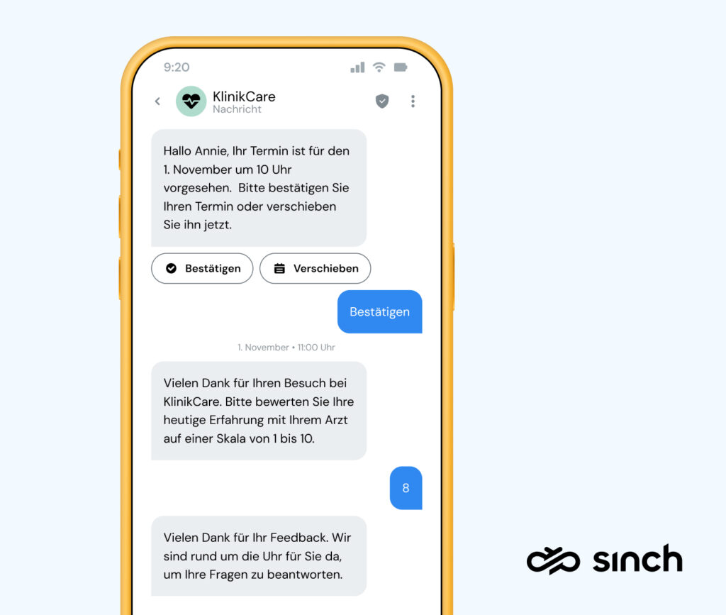 Beispiel für eine RCS-Nachricht, die ein Gesundheitsdienstleister an Patienten senden könnte, um sie an ihren Termin zu erinnern.